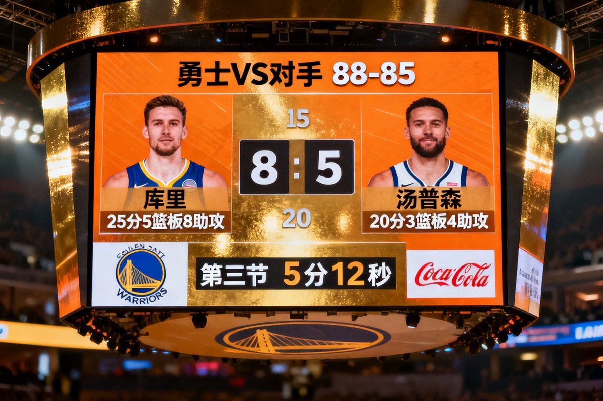 NBA季后赛直播画面，勇士主场大屏幕显示实时比分与球员数据